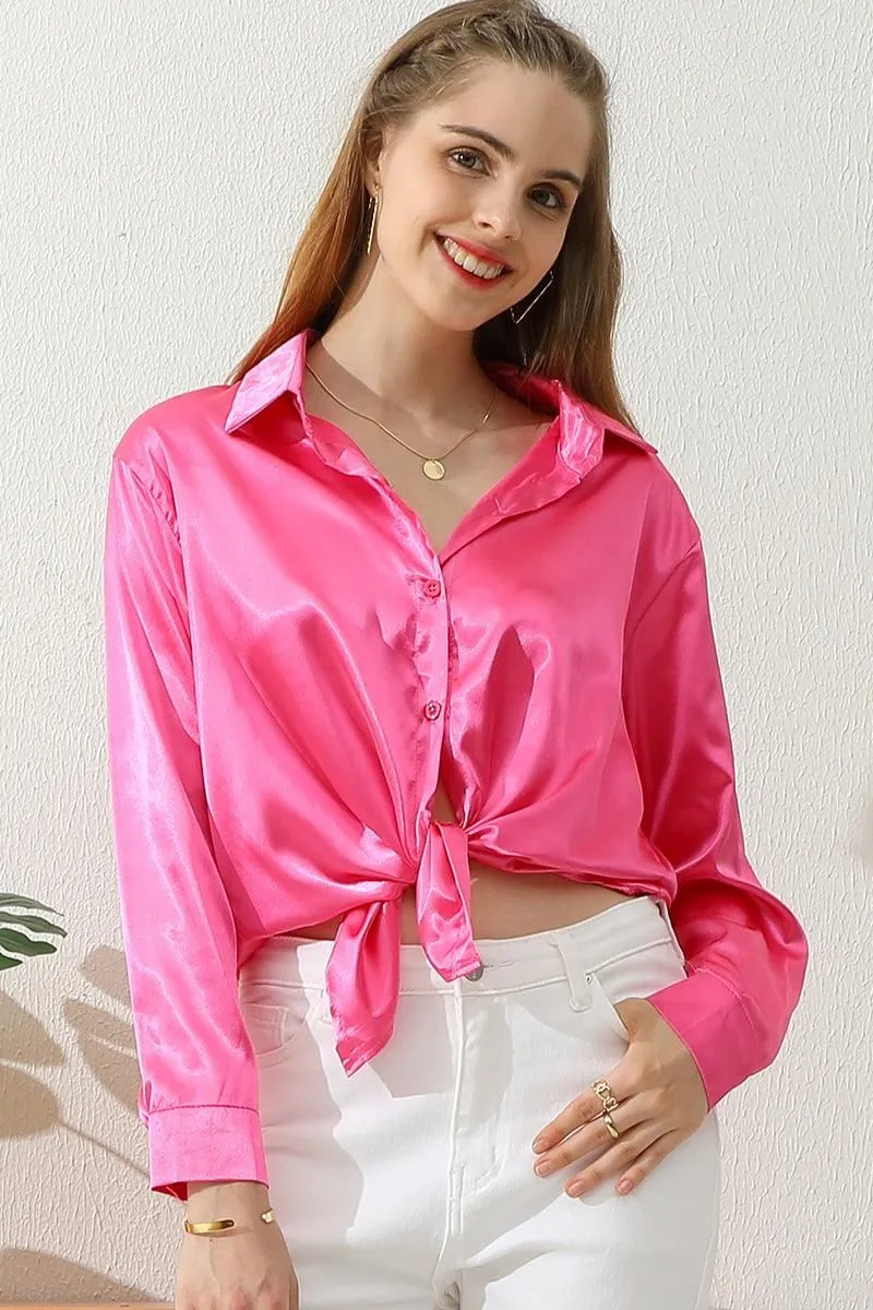 BOTTON DOWN SOLID COLOR SILK SATIN LONG SLEEVED SHIRT