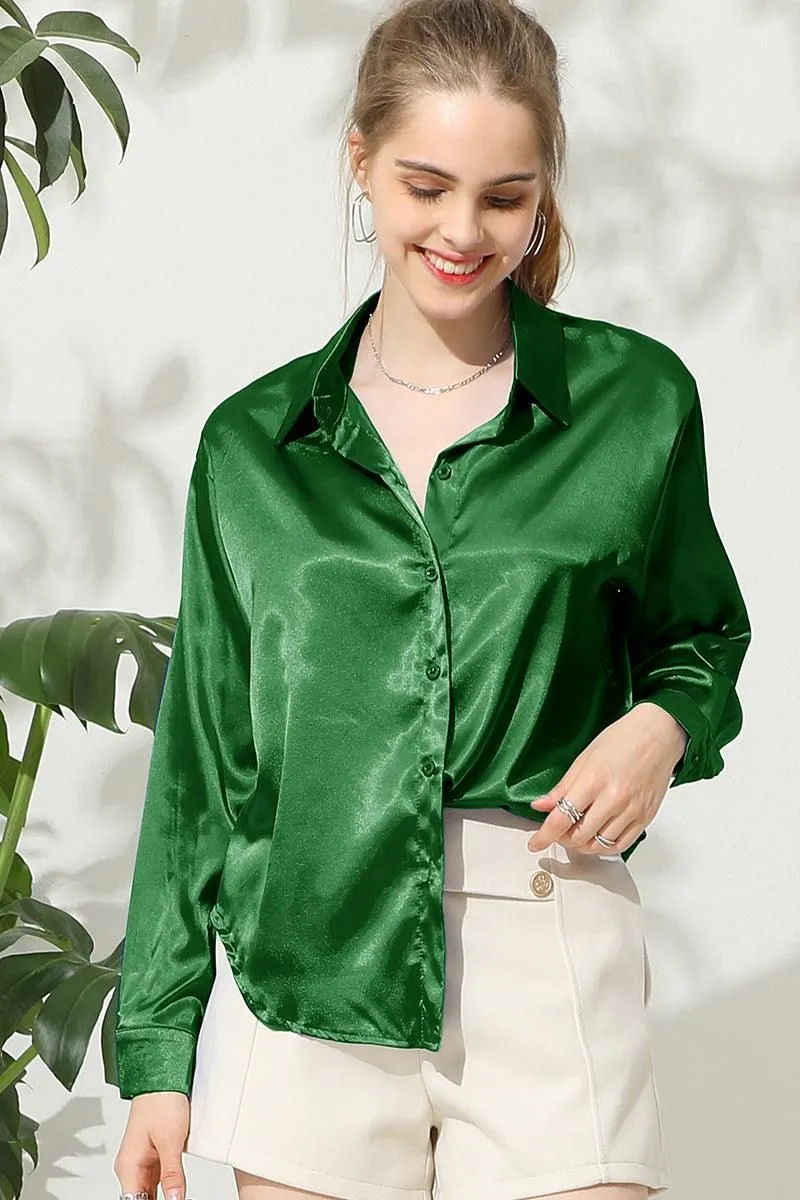 BOTTON DOWN SOLID COLOR SILK SATIN LONG SLEEVED SHIRT