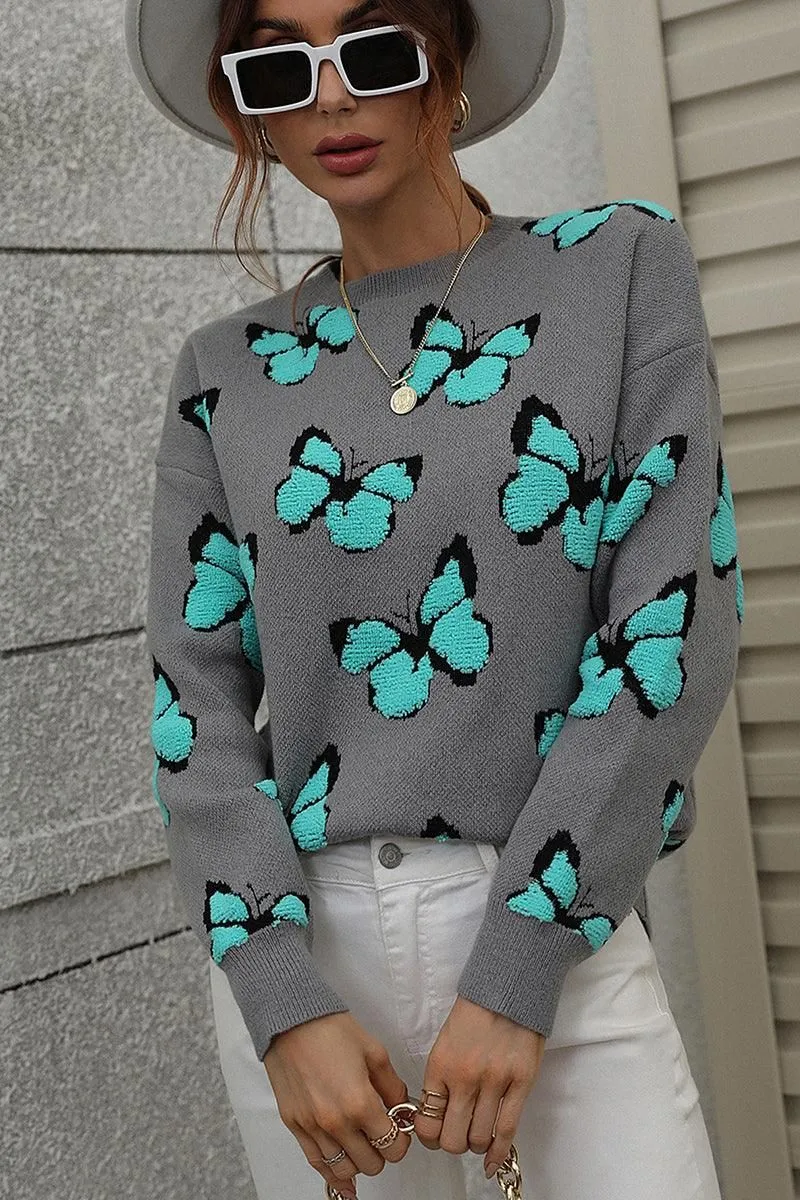 BUTTERFLY PRINTING LONG SLEEVE CASUAL SWEATER