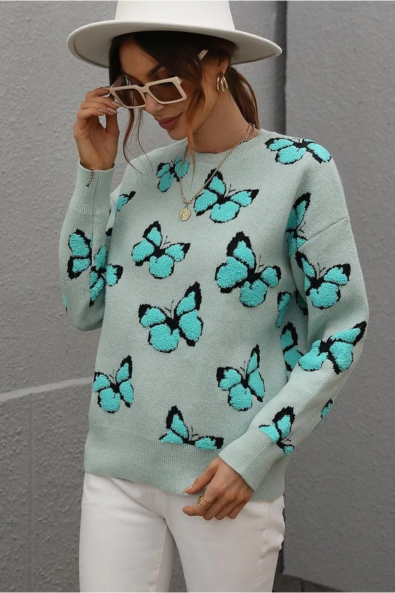 BUTTERFLY PRINTING LONG SLEEVE CASUAL SWEATER