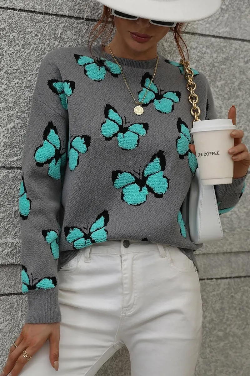 BUTTERFLY PRINTING LONG SLEEVE CASUAL SWEATER