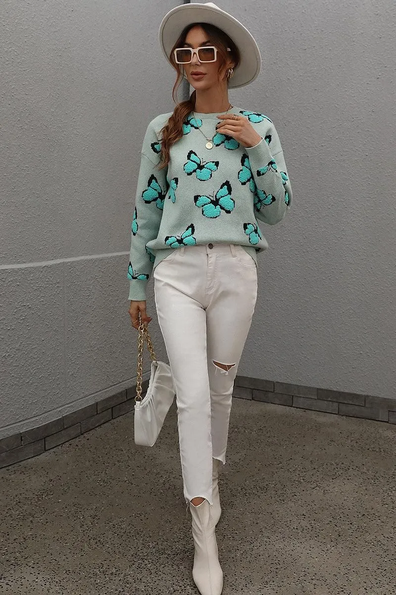 BUTTERFLY PRINTING LONG SLEEVE CASUAL SWEATER