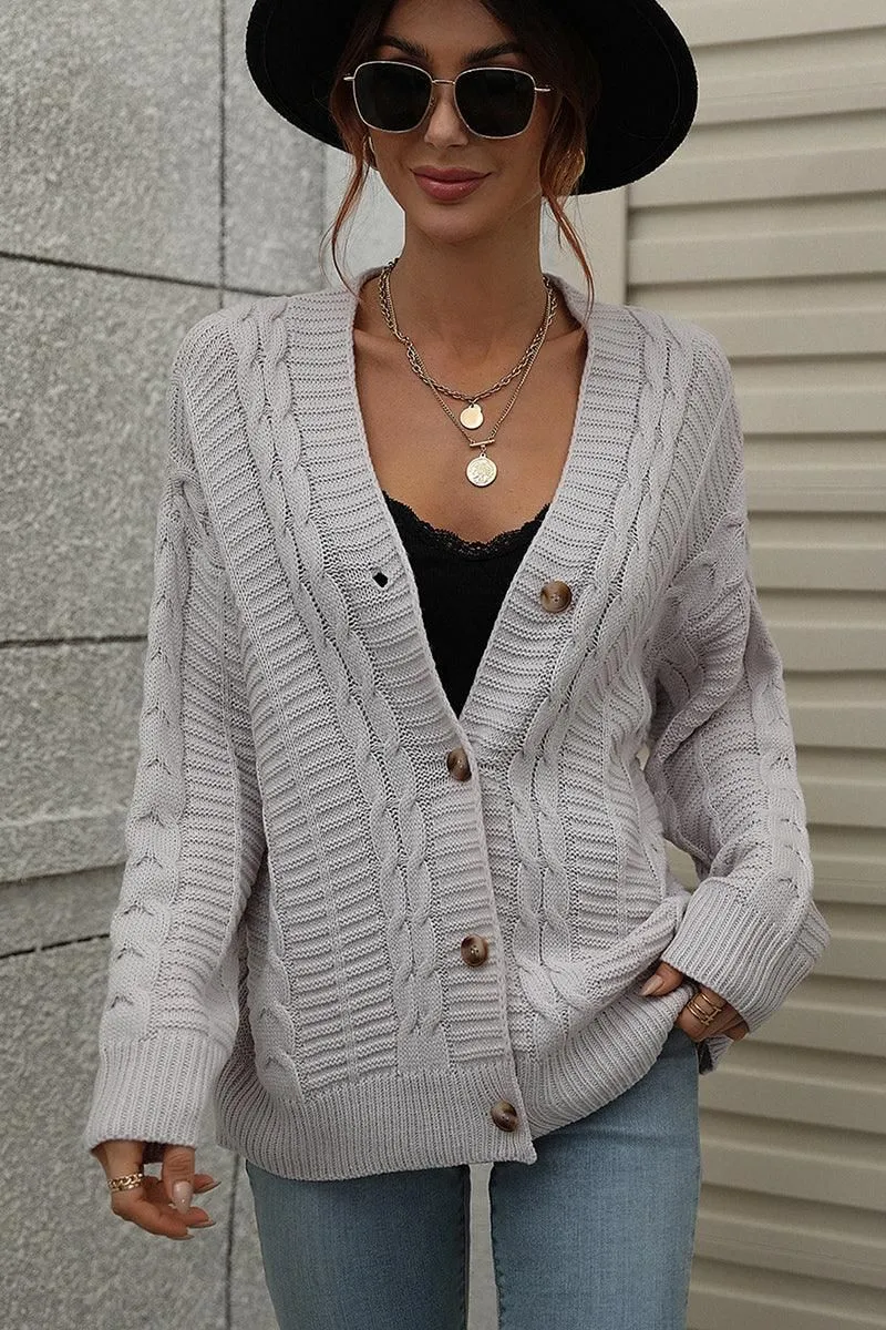 BUTTON DOWN CABLE KNIT CASUAL CARDIGAN