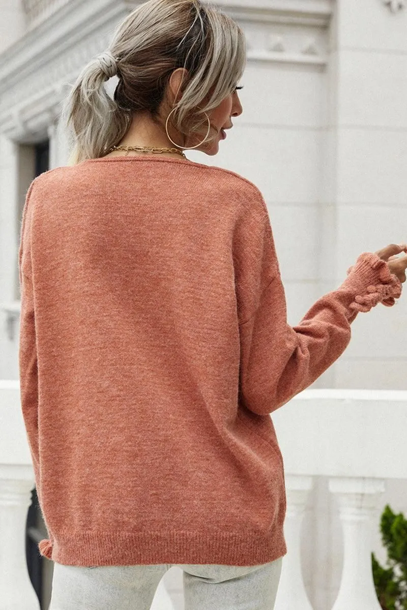 BUTTON LOOSE SOLID COLOR PULLOVER SWEATER