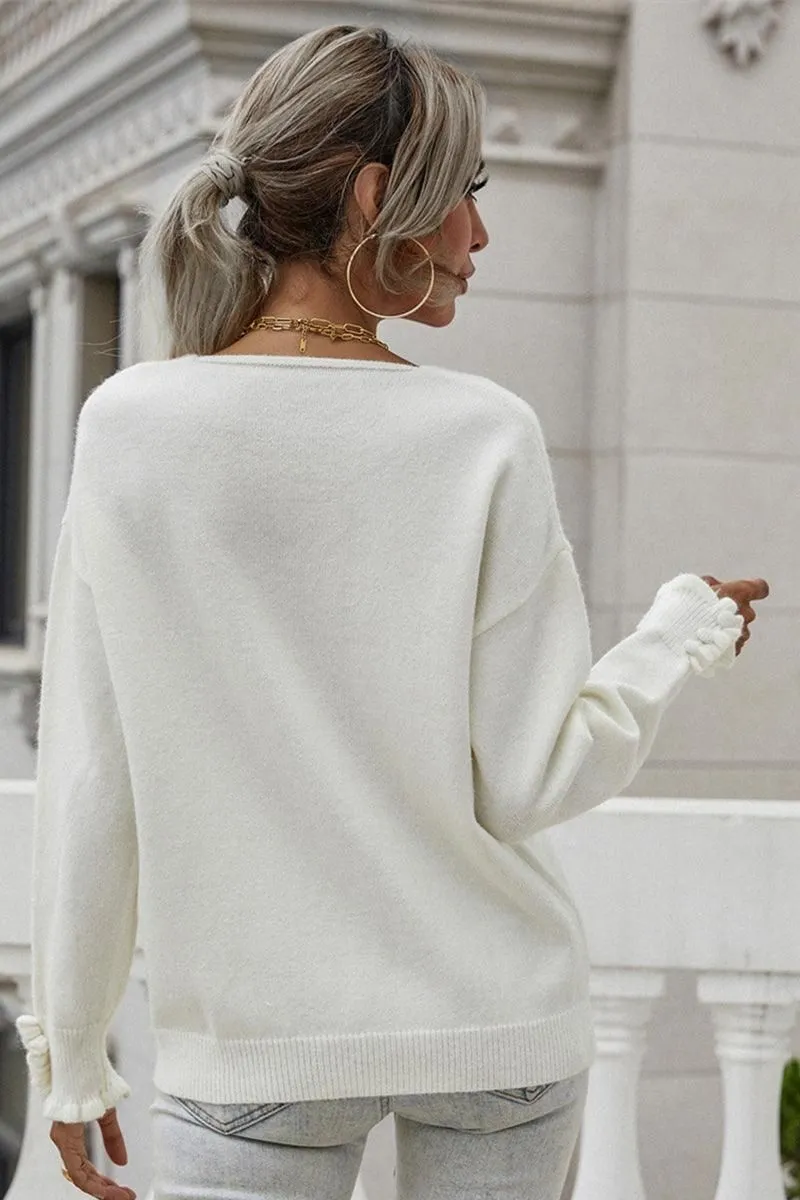 BUTTON LOOSE SOLID COLOR PULLOVER SWEATER