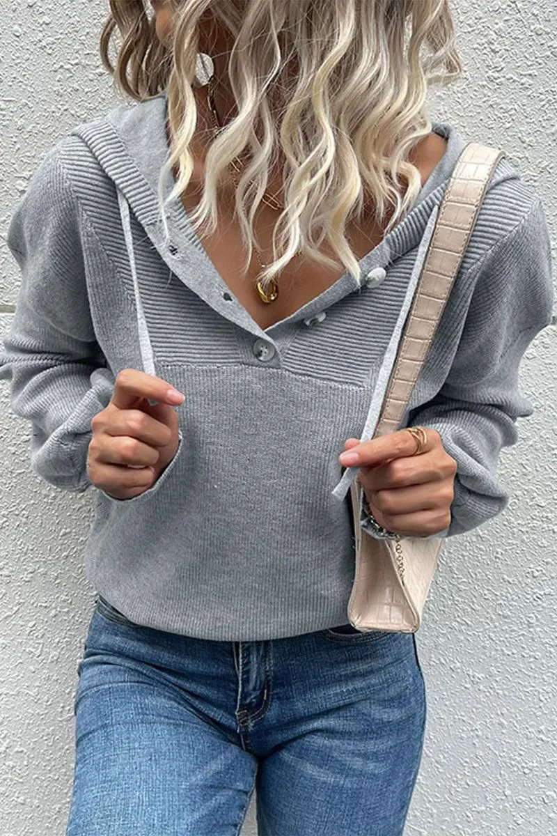 BUTTON NECK HOODIE CASUAL TOP