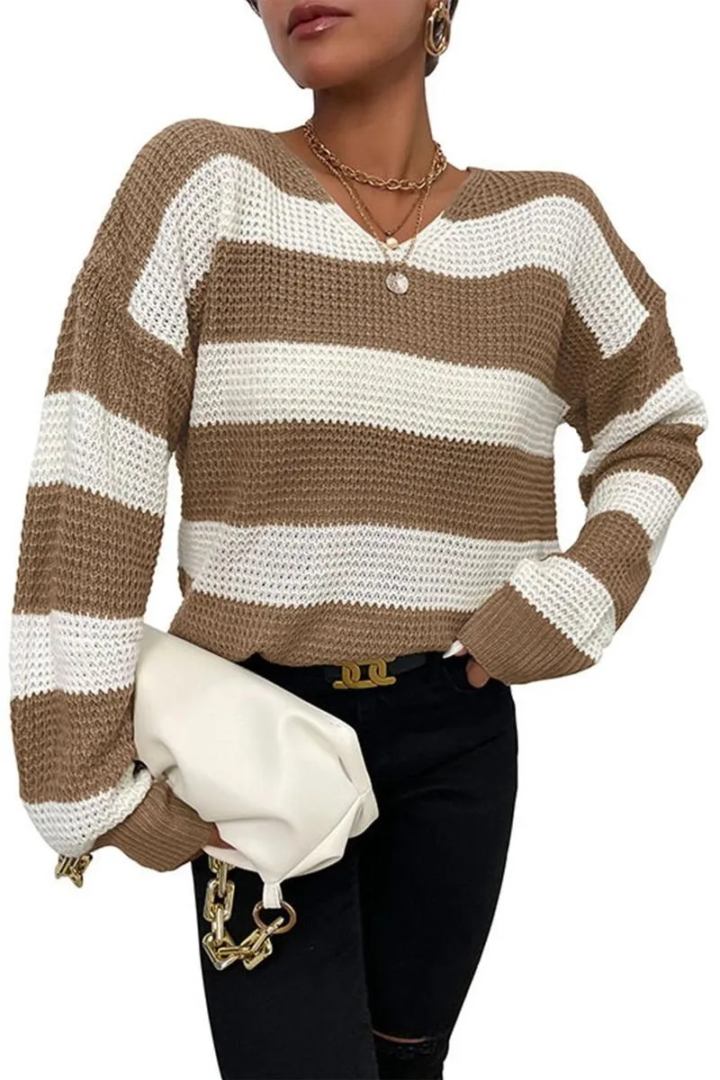 CASUAL STRIPE WAFFLE KNIT SWEATER