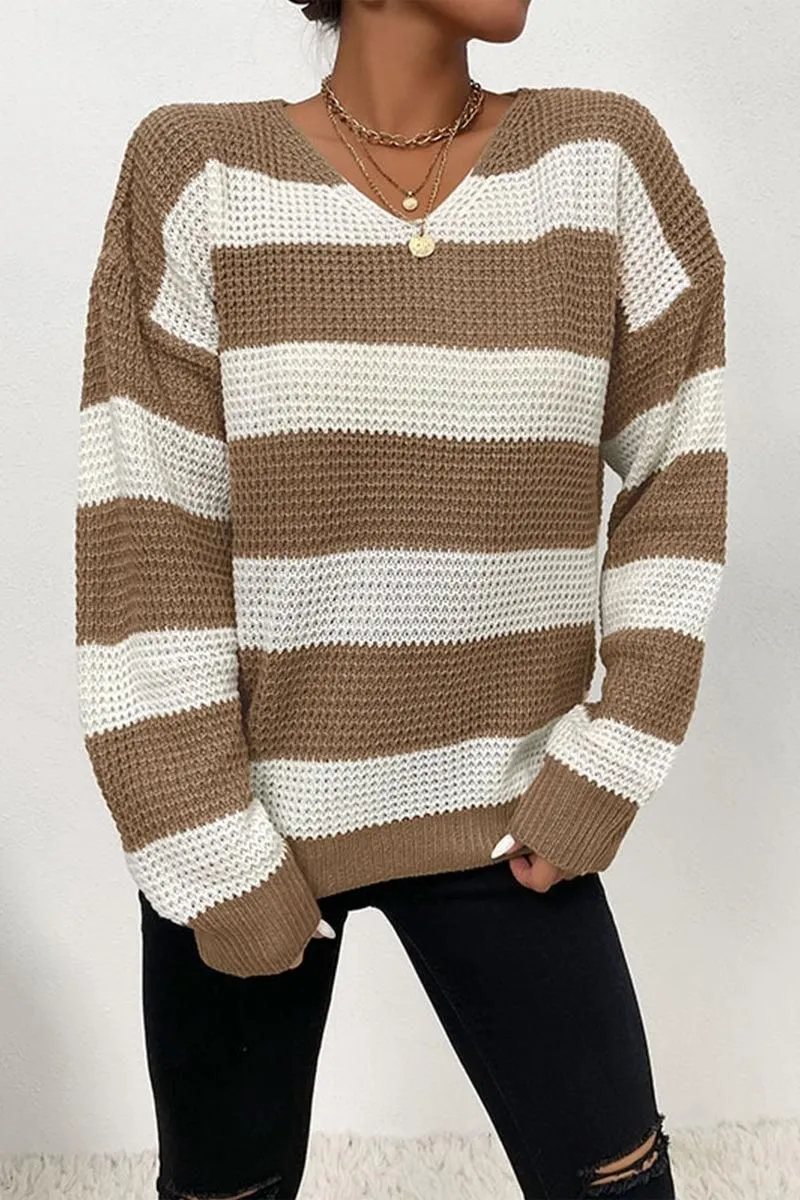 CASUAL STRIPE WAFFLE KNIT SWEATER