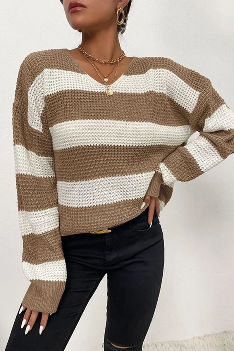 CASUAL STRIPE WAFFLE KNIT SWEATER