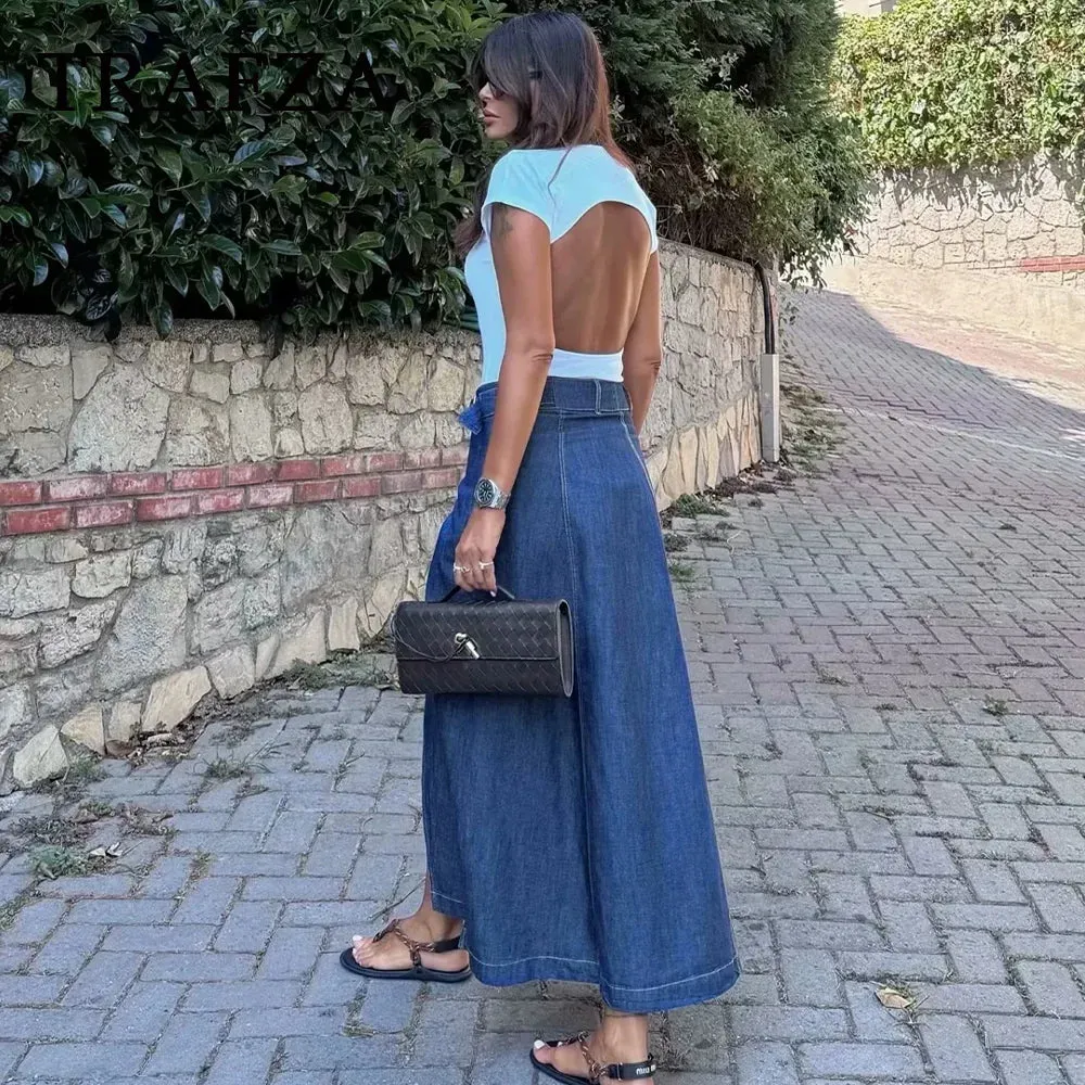 Casual Vintage Loose Denim Long Skirt with Elegant Sashes Bottom