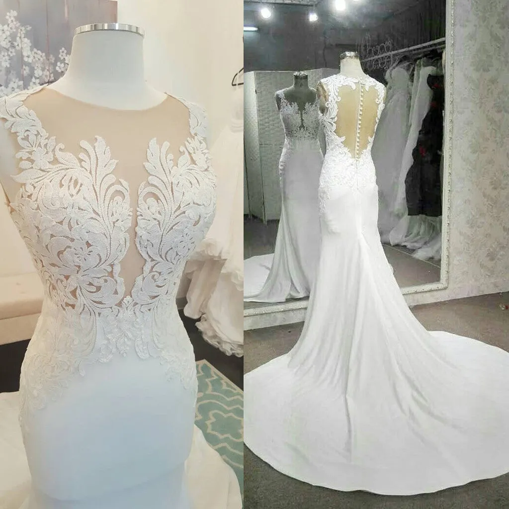 Charming Elegant See Through Back White Mermaid Lace Long Bridal Wedding Dress, WG634