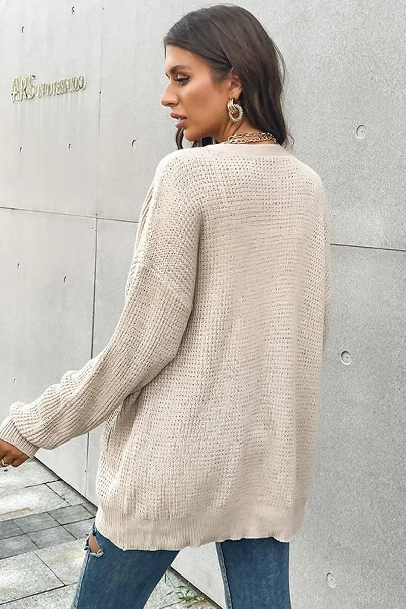 CHUNKY CABLE KNIT LOOSE LONG BUTTON DOWN CARDIGAN