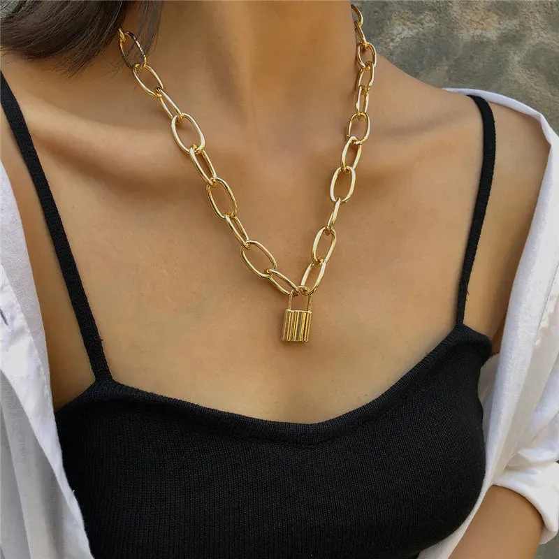 Clavicle Big Punk Golden Lock Statement Gothic Women's New Necklake