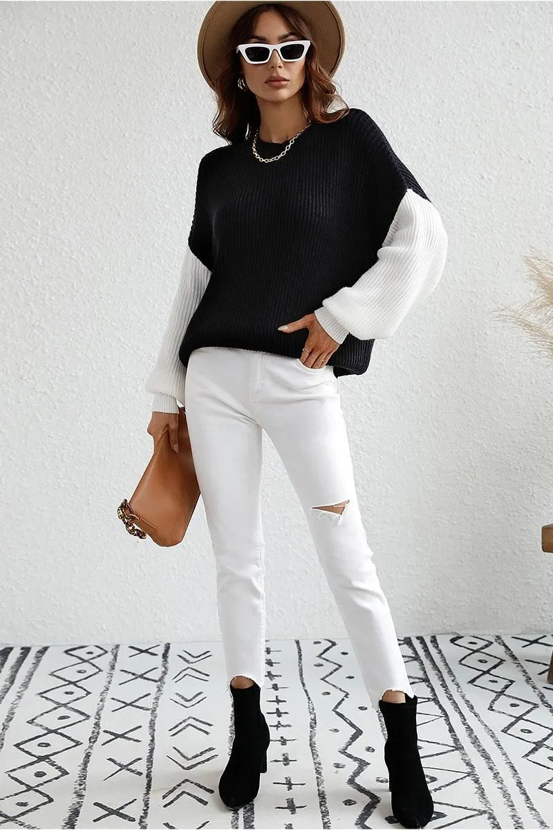 COLOR BLOCK SLEEVE KNIT WARM SWEATER