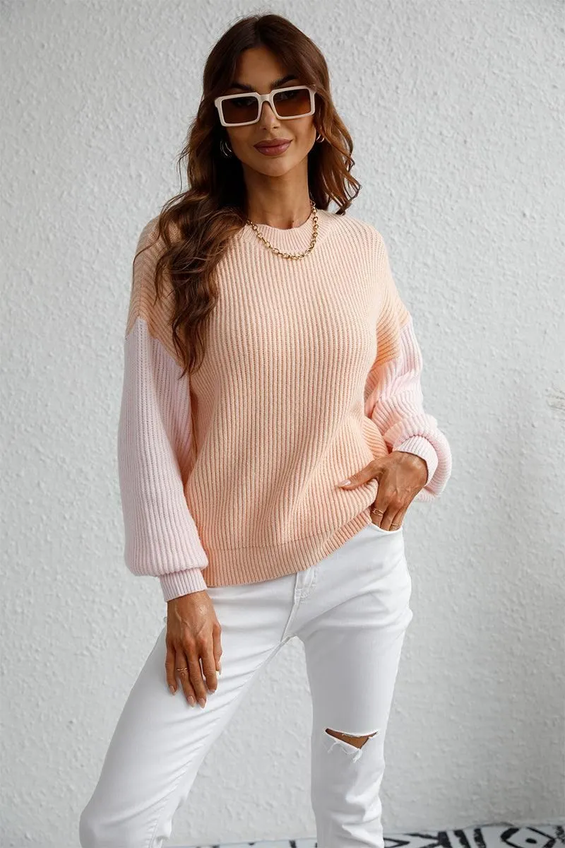 COLOR BLOCK SLEEVE KNIT WARM SWEATER