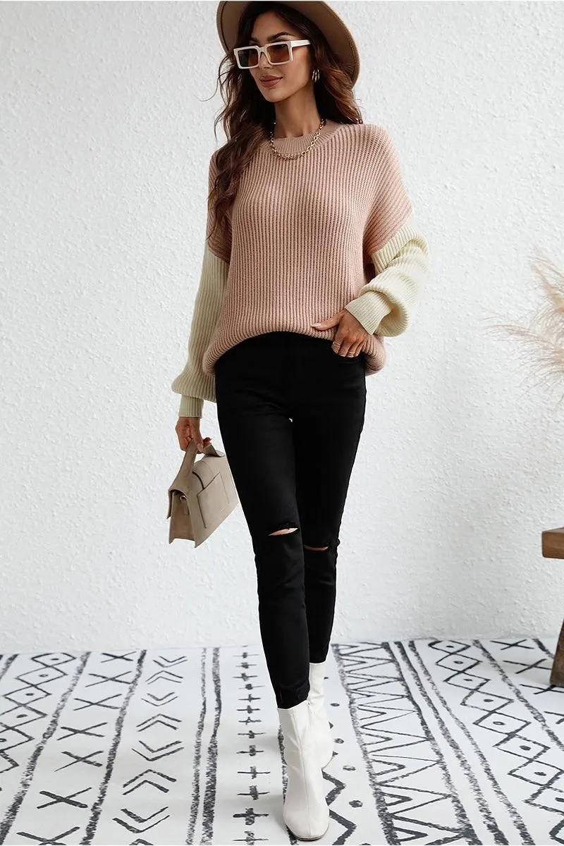 COLOR BLOCK SLEEVE KNIT WARM SWEATER