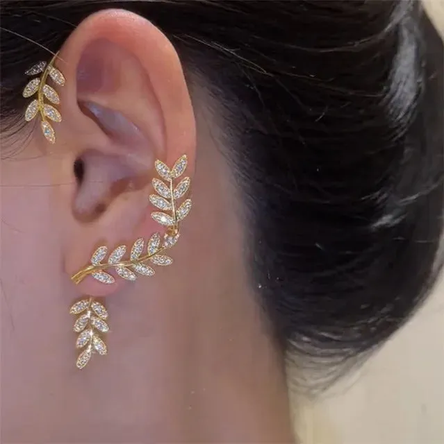 Crystal Leaves Ear Women Fashion Gold Cubic Zirconia Clip Jewelry Earring