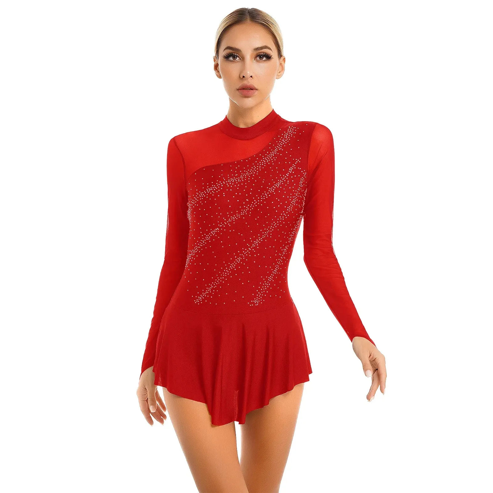 D5182 Womens Figure Ice Skating Dress - Lyrical Dance- Ballet Leotard- Sleeveless Rhinestone Stage Performance Dancewear