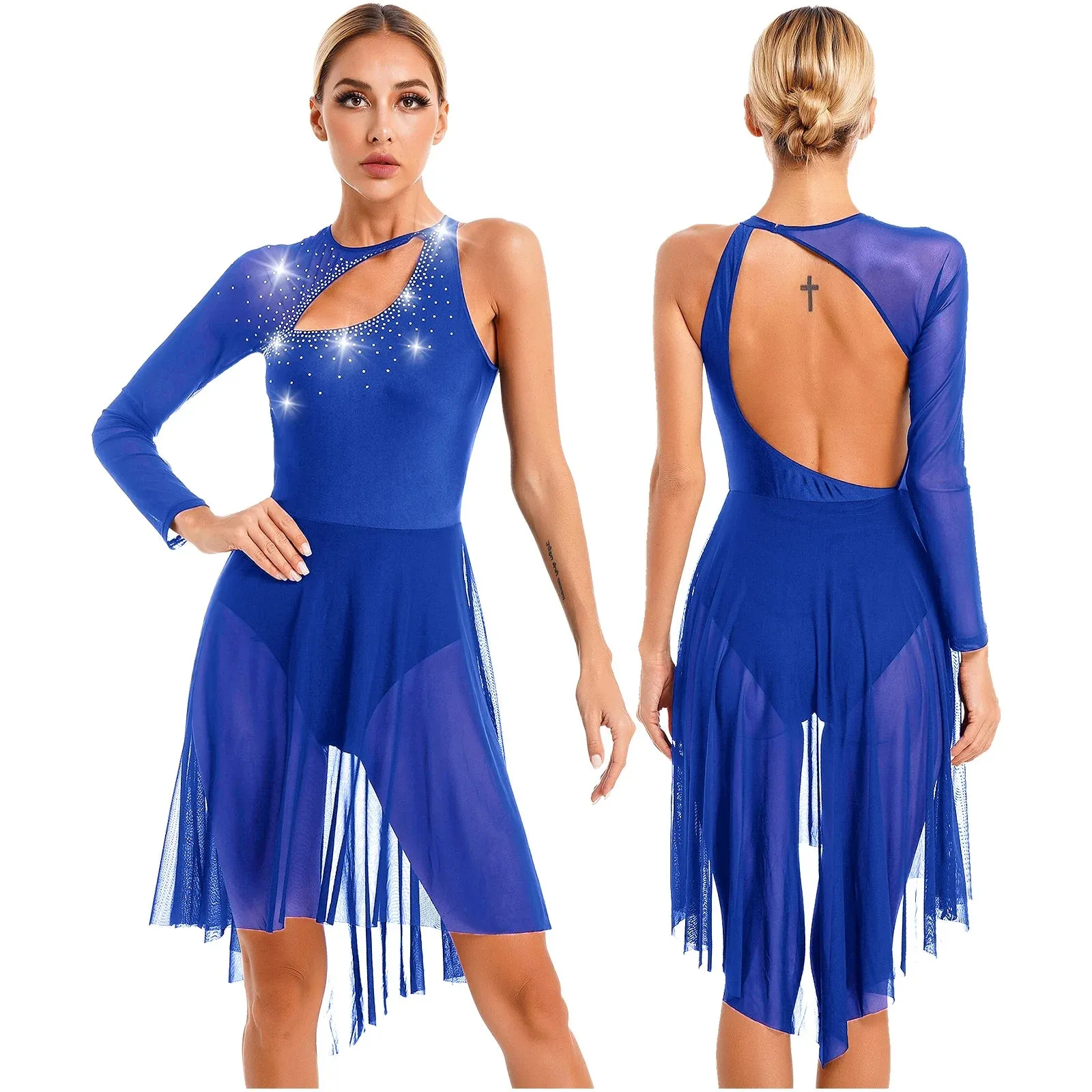 D5182 Womens Figure Ice Skating Dress - Lyrical Dance- Ballet Leotard- Sleeveless Rhinestone Stage Performance Dancewear