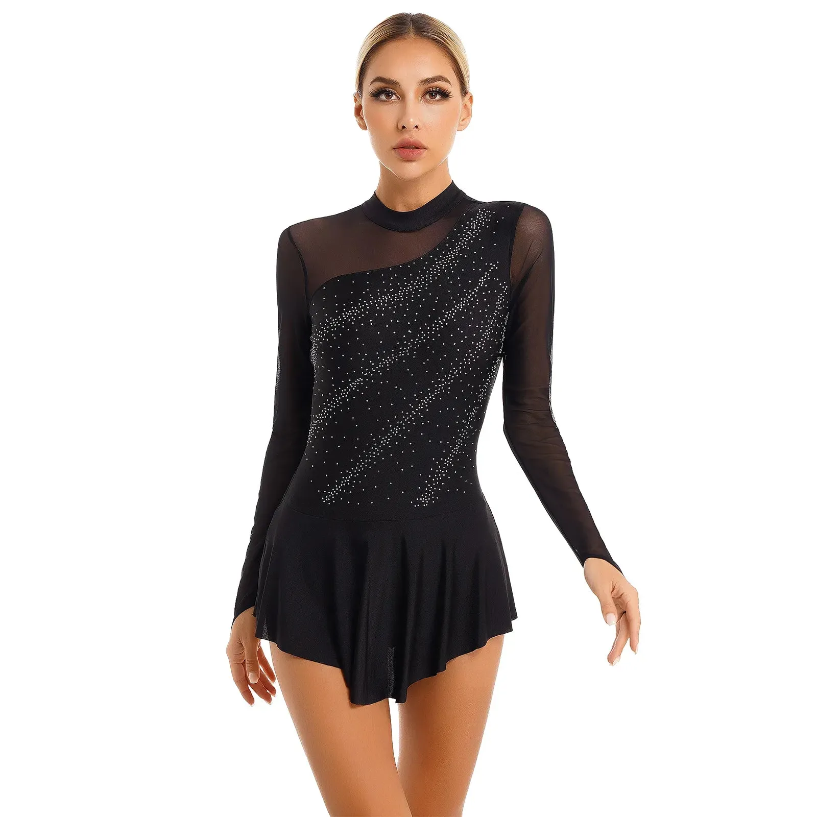 D5182 Womens Figure Ice Skating Dress - Lyrical Dance- Ballet Leotard- Sleeveless Rhinestone Stage Performance Dancewear