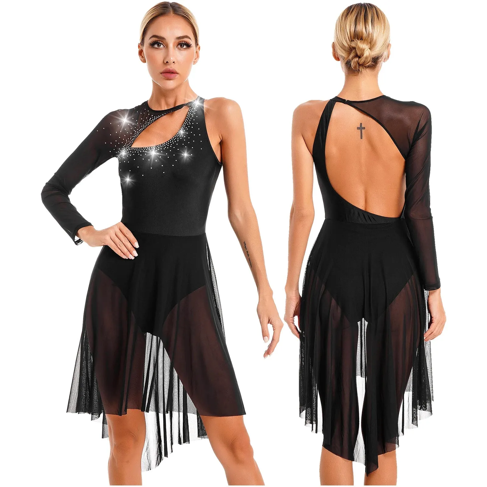 D5182 Womens Figure Ice Skating Dress - Lyrical Dance- Ballet Leotard- Sleeveless Rhinestone Stage Performance Dancewear