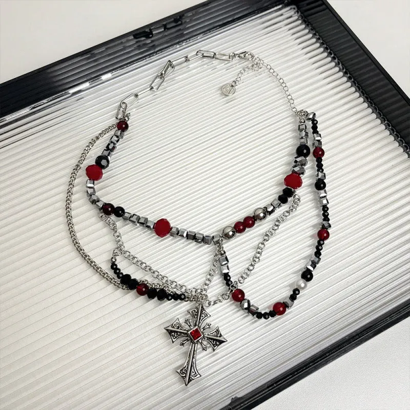 Dark Punk Layered Cross Sweet Cool Beaded Personality Necklace