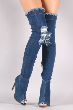 Distressed Denim Stiletto Over-The-Knee Boots