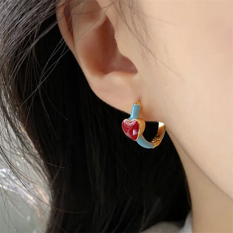 Enamel Heart Small Hoop Women Trendy Geometric Statement Round Circle Huggie Earring