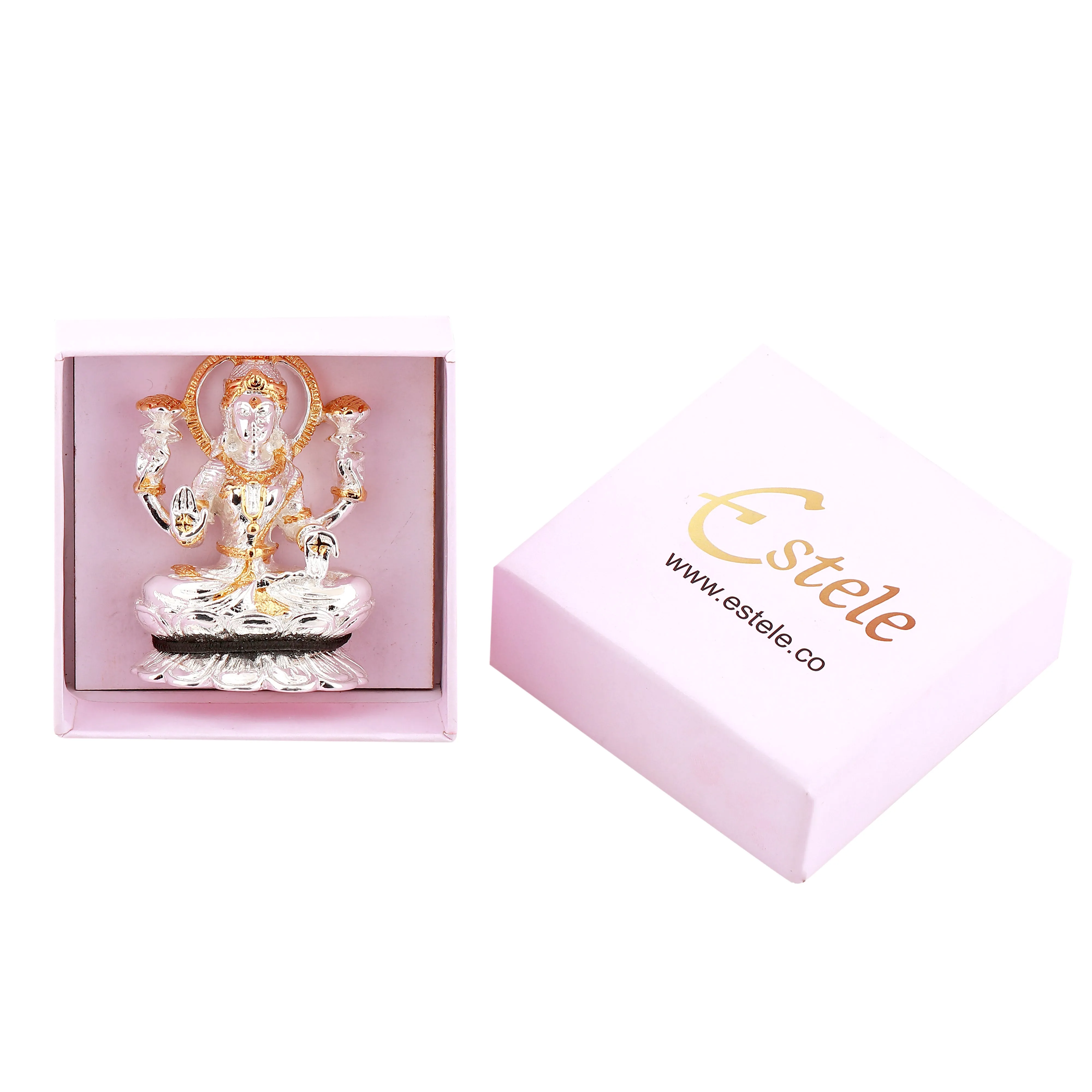 Estele Gold & Rhodium goddess of wealth Laxmi Devi Idol on lotus for Pooja/Car decor.