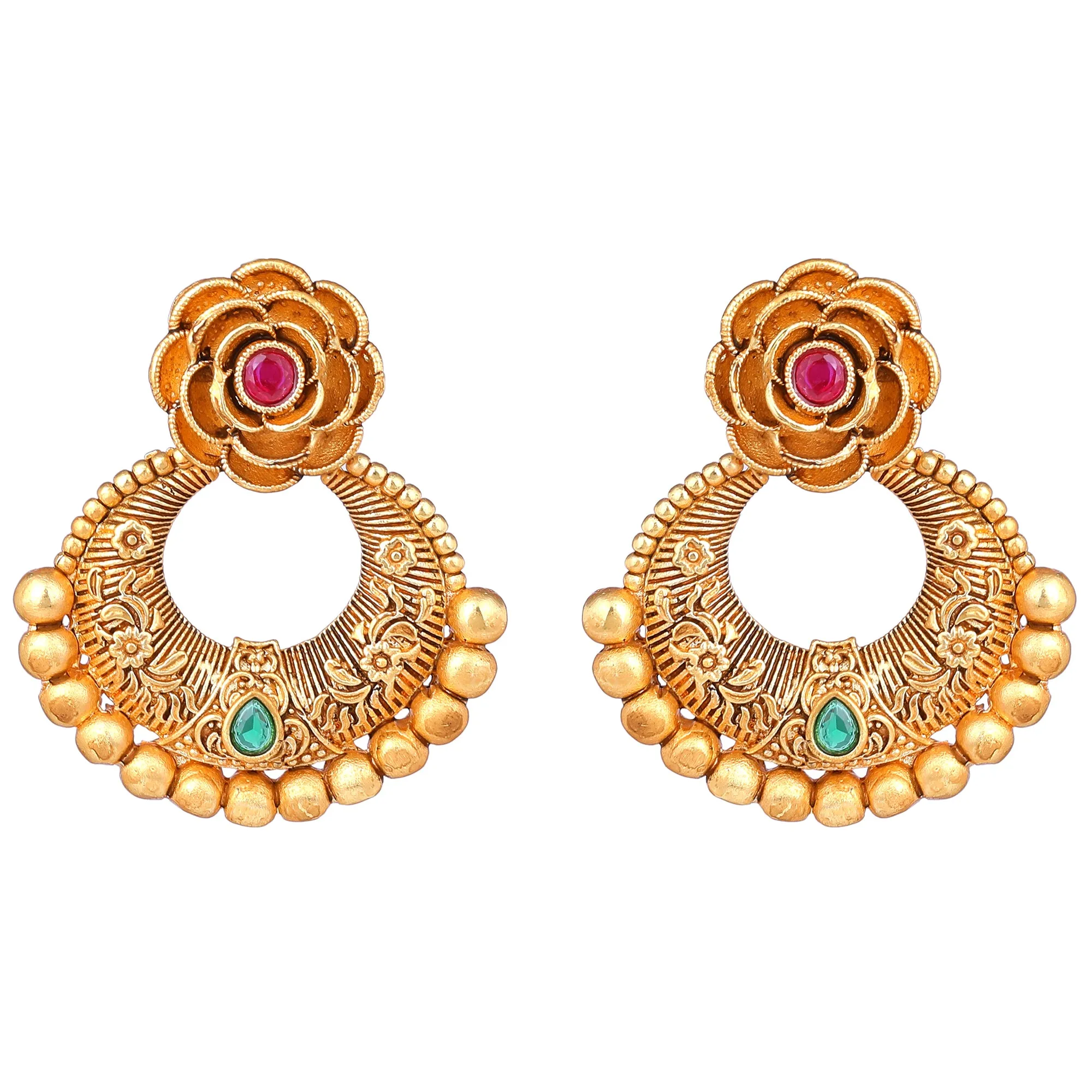 Estele Gold Plated Blossom Matt Finish Drop Earrings with Multi-color Crystals for Women