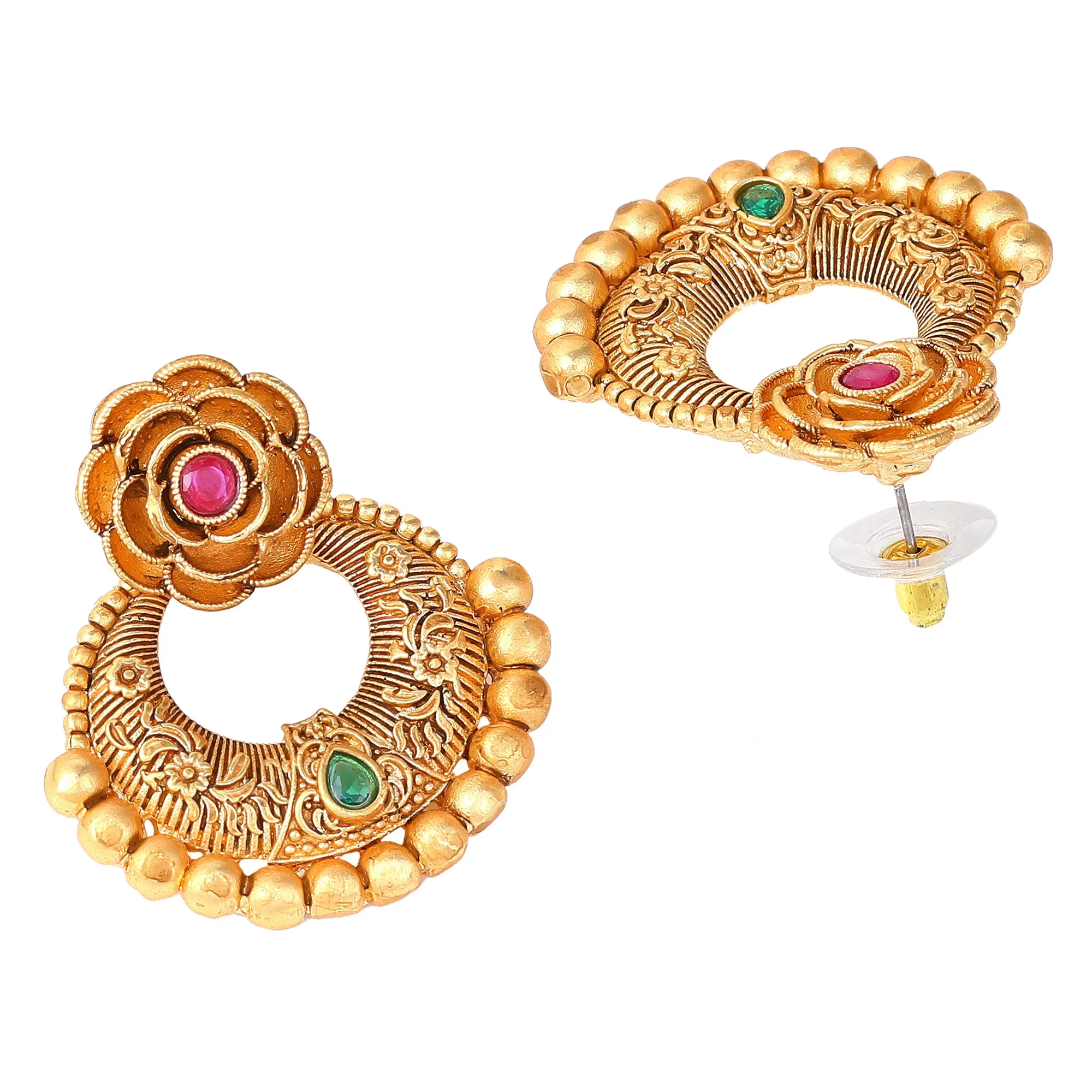 Estele Gold Plated Blossom Matt Finish Drop Earrings with Multi-color Crystals for Women