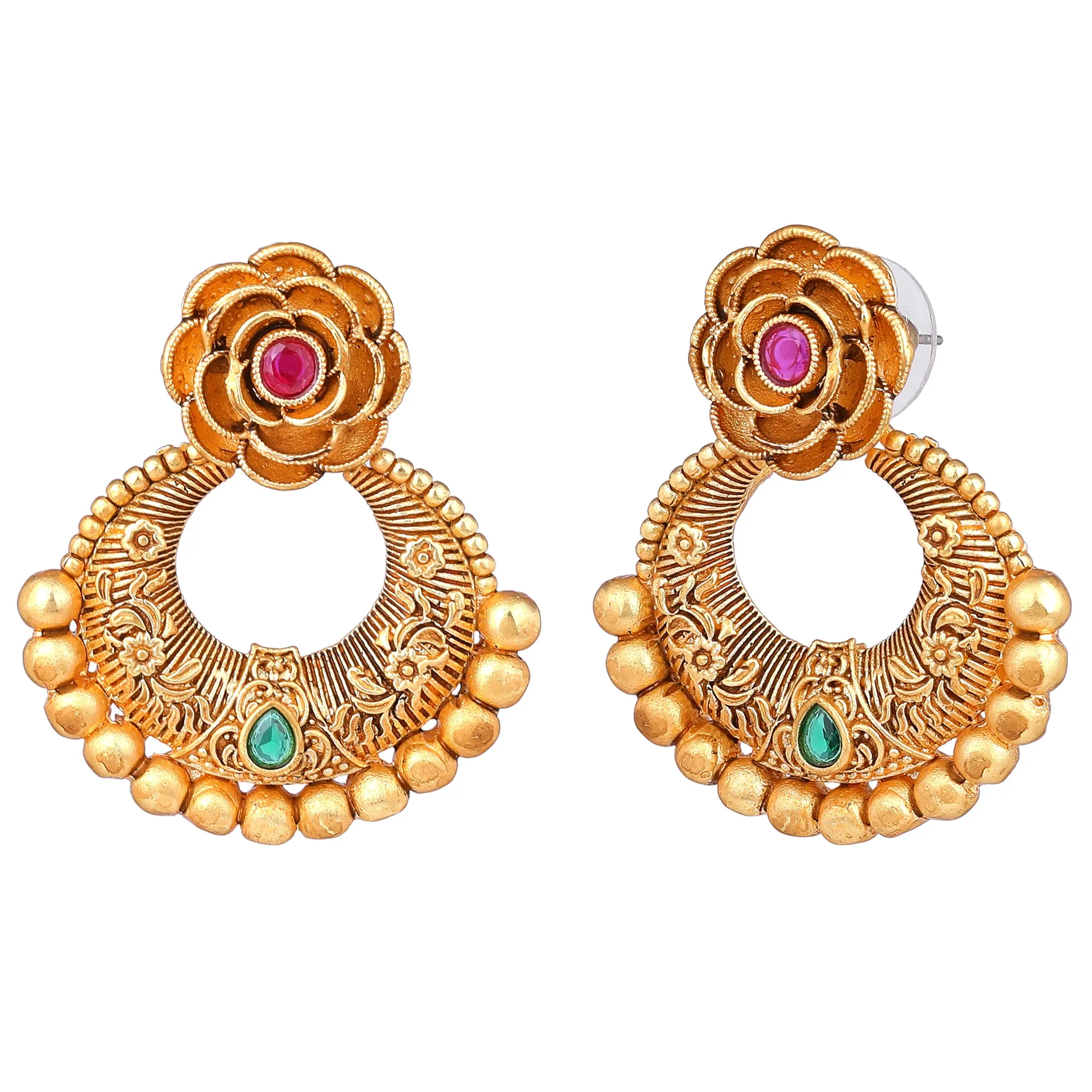 Estele Gold Plated Blossom Matt Finish Drop Earrings with Multi-color Crystals for Women