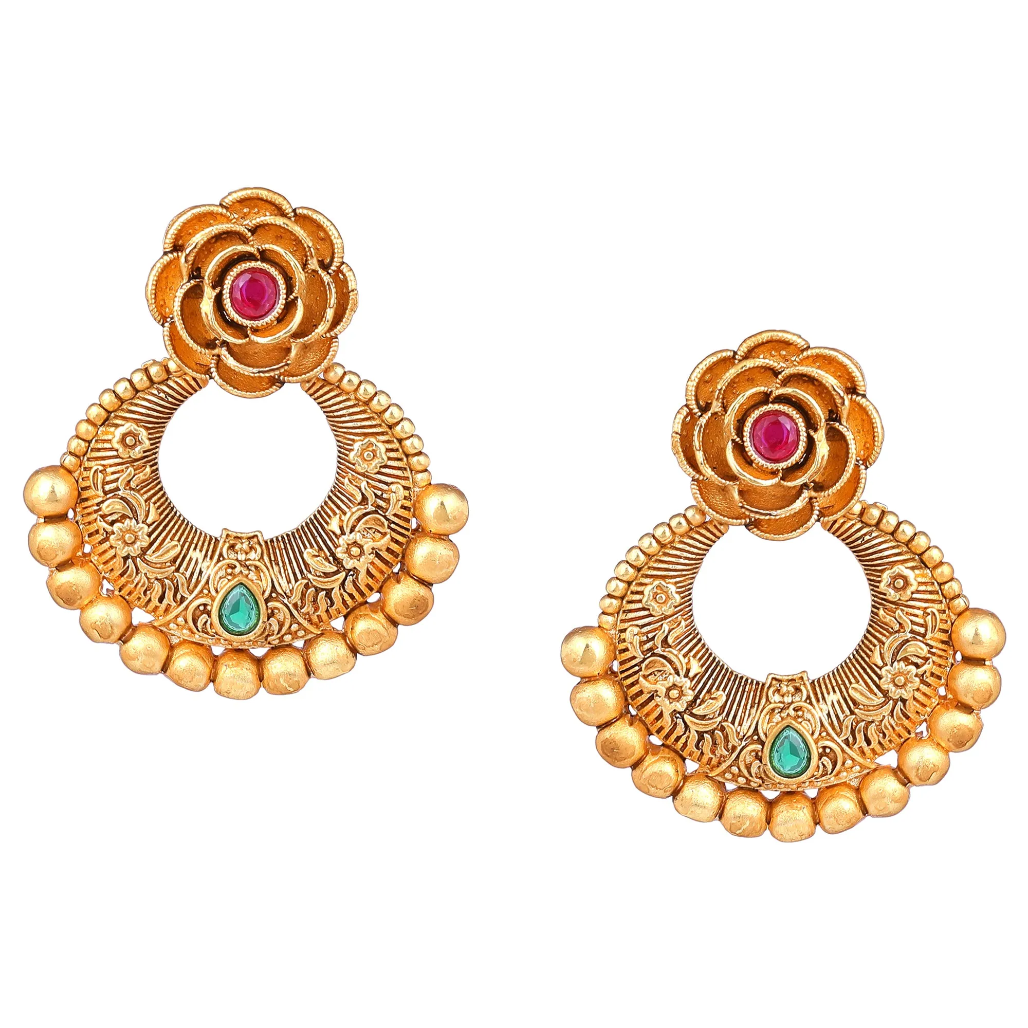 Estele Gold Plated Blossom Matt Finish Drop Earrings with Multi-color Crystals for Women