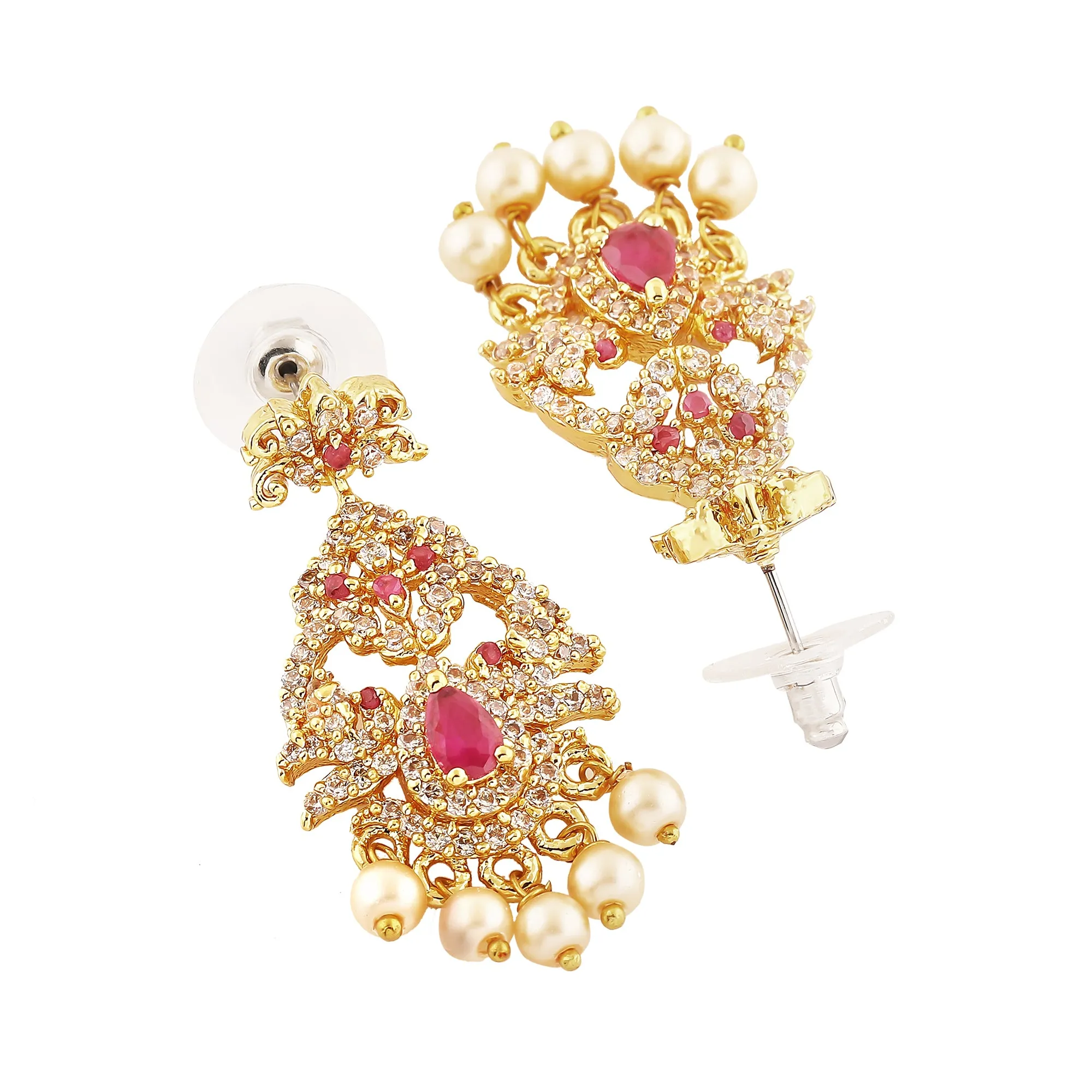 Estele Gold Plated CZ Mayuri Designer Bridal Earrings with Pearls for Women