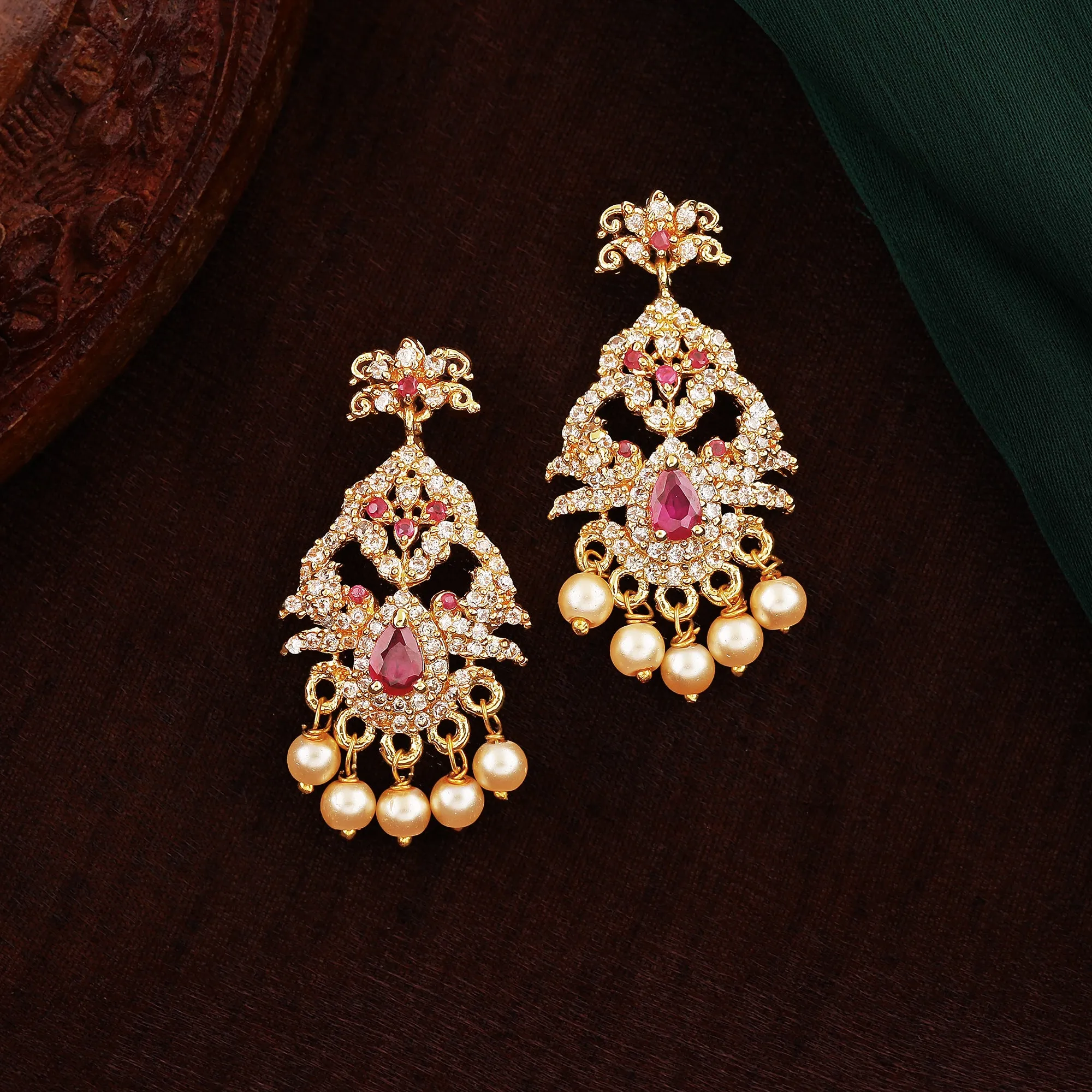 Estele Gold Plated CZ Mayuri Designer Bridal Earrings with Pearls for Women