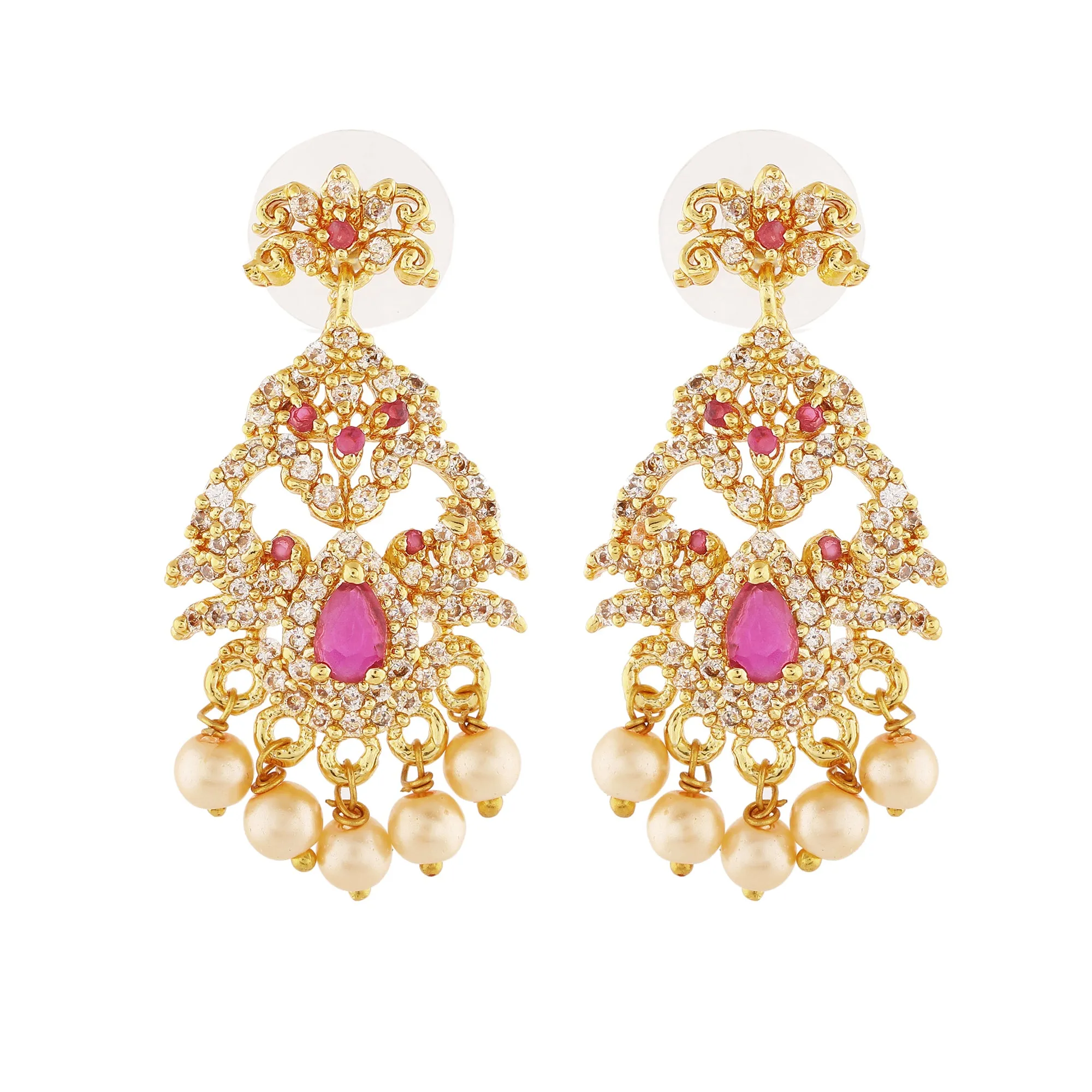 Estele Gold Plated CZ Mayuri Designer Bridal Earrings with Pearls for Women