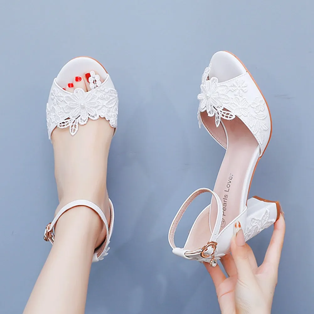 Fish Mouth Thick Heel Wedding Shoes with Lace Flower