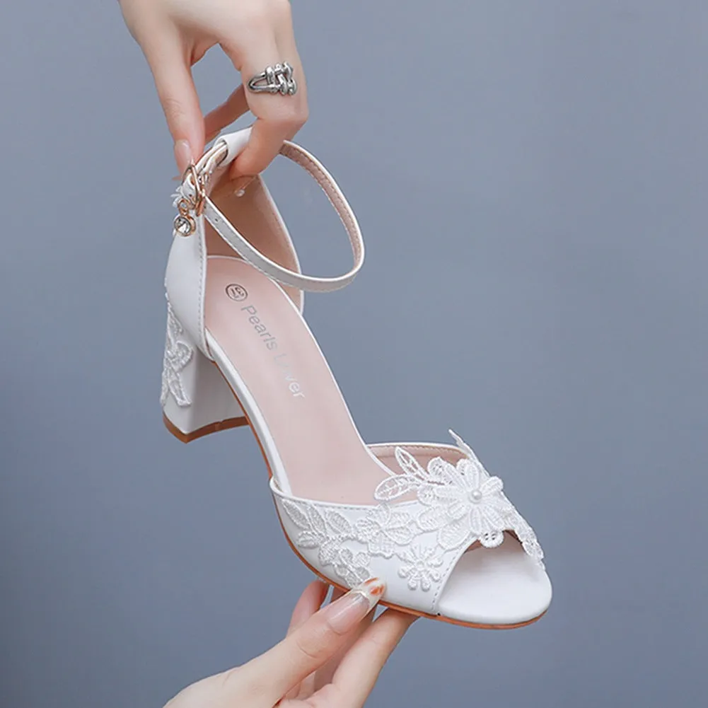 Fish Mouth Thick Heel Wedding Shoes with Lace Flower