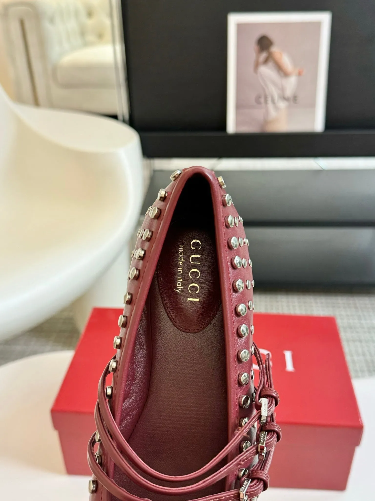 GG RIVETS BALLET FLAT GARNET HORIZONTAL STRAPS LAMBSKIN