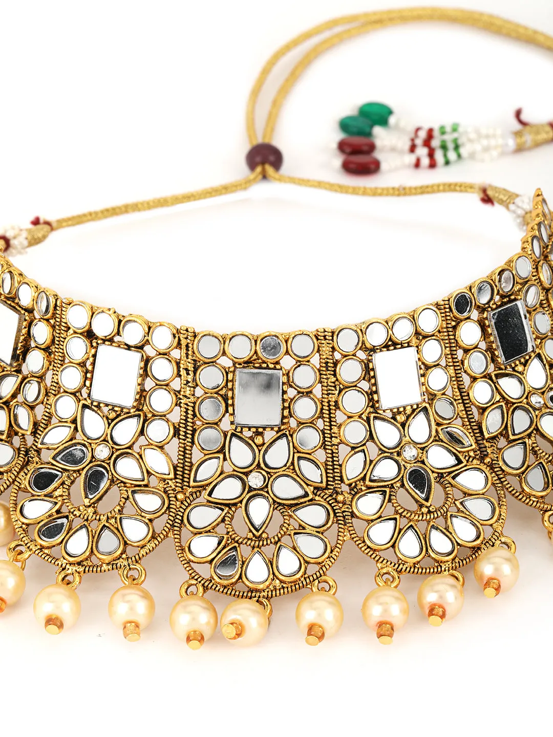 Gold-Plated White Coloured Stone-Studded & Cream Pearl Beaded Handcrafted Jewellery Set