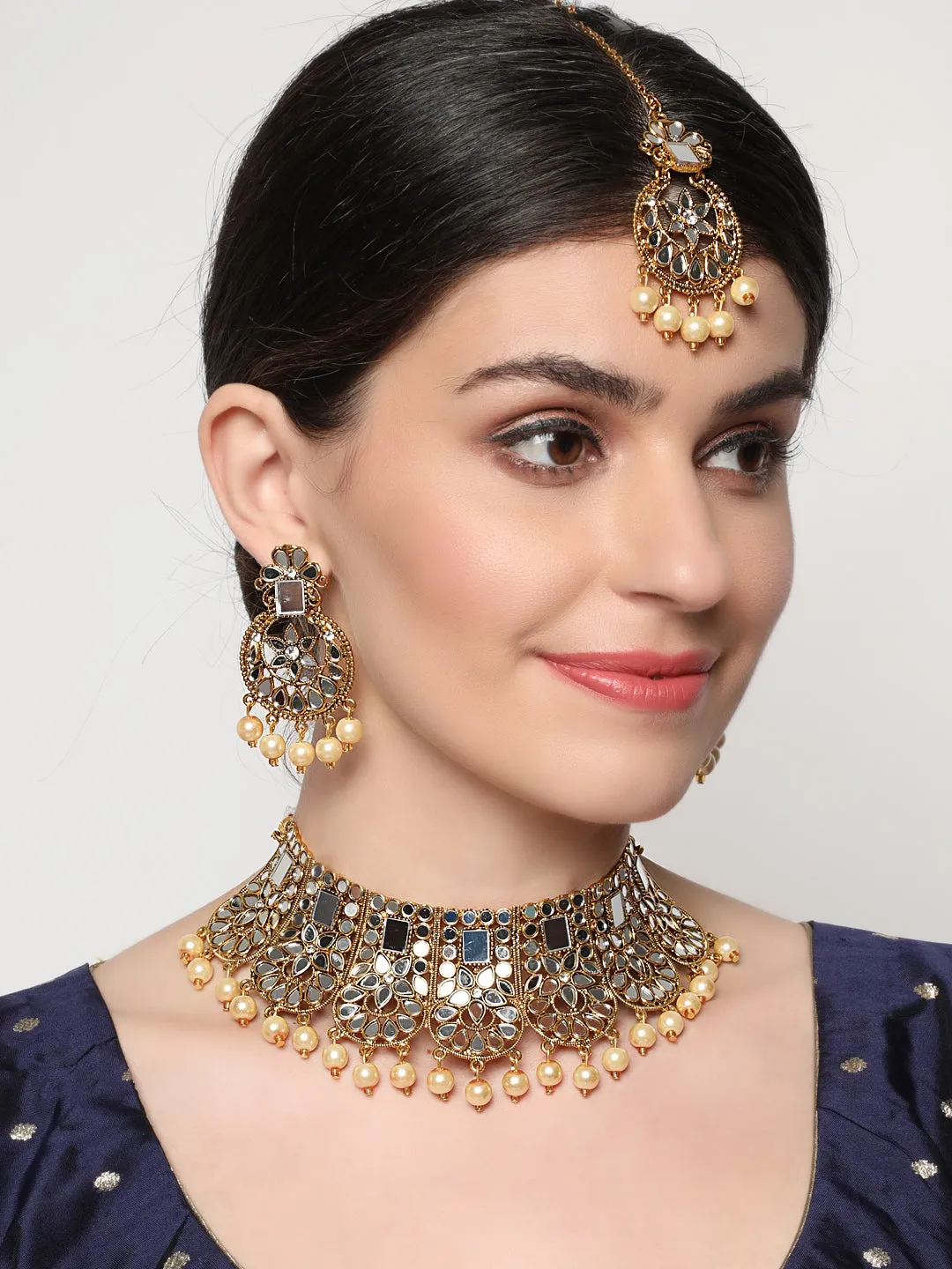 Gold-Plated White Coloured Stone-Studded & Cream Pearl Beaded Handcrafted Jewellery Set