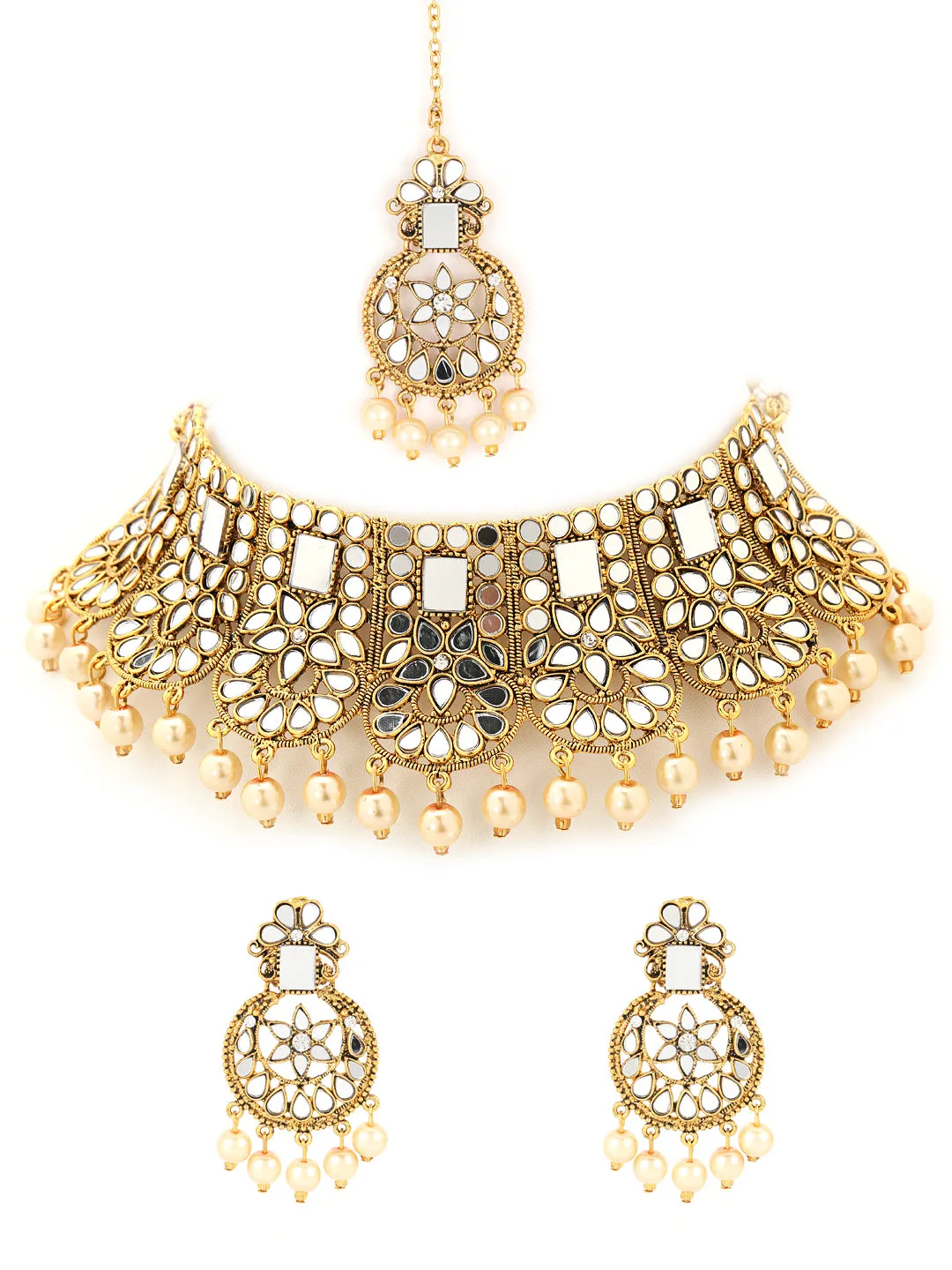 Gold-Plated White Coloured Stone-Studded & Cream Pearl Beaded Handcrafted Jewellery Set