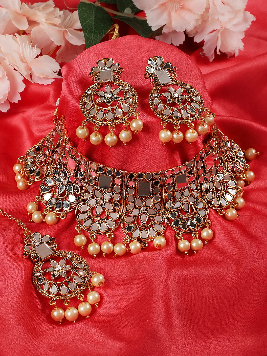 Gold-Plated White Coloured Stone-Studded & Cream Pearl Beaded Handcrafted Jewellery Set