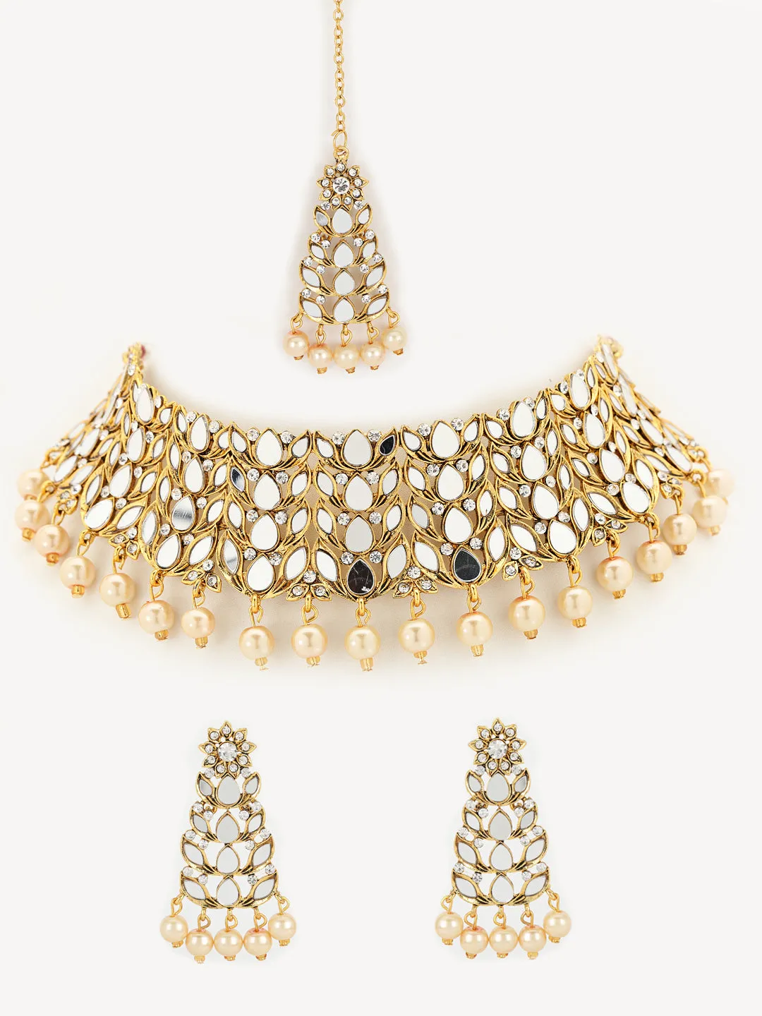 Gold-Plated White Coloured Stone-Studded & Pearl Beaded Handcrafted Jewellery Set