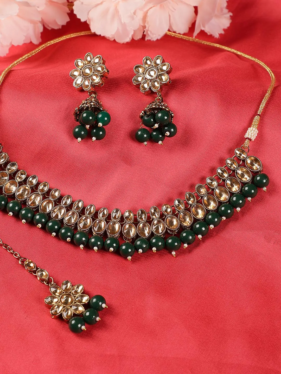 Green Kundan Stones Gold Plated Choker Set With Maangtikka