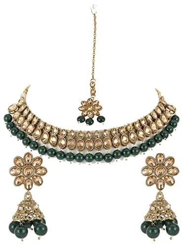 Green Kundan Stones Gold Plated Choker Set With Maangtikka