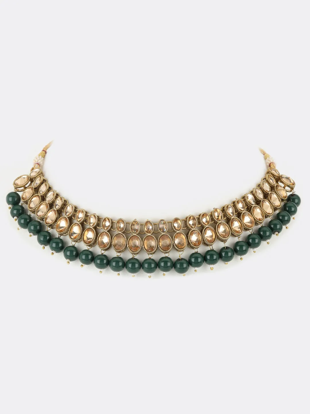 Green Kundan Stones Gold Plated Choker Set With Maangtikka