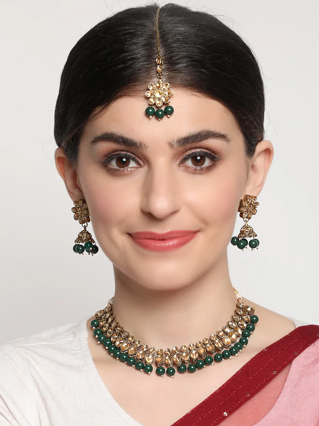 Green Kundan Stones Gold Plated Choker Set With Maangtikka