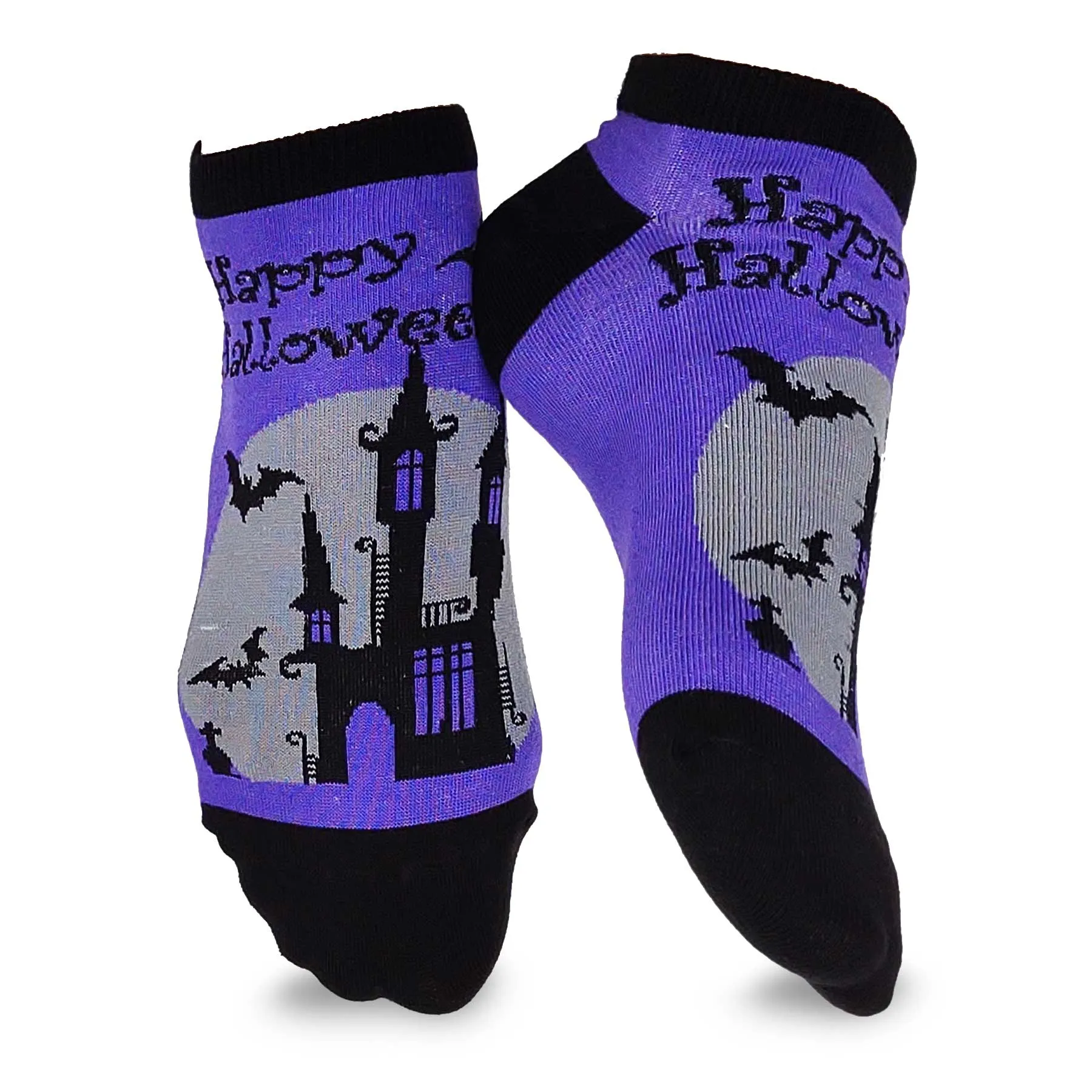 Happy Halloween Funny Grave Site Night Hunted House Black Bat Scary Low-Cut Ankle Women 3-Pairs Purple Grey (2312)