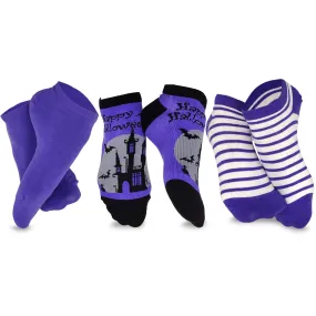 Happy Halloween Funny Grave Site Night Hunted House Black Bat Scary Low-Cut Ankle Women 3-Pairs Purple Grey (2312)